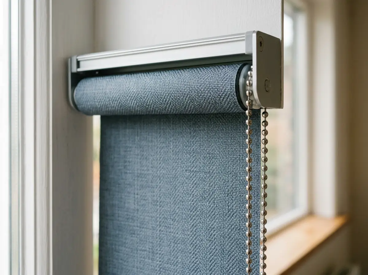 Close detail of a roller blind's bracket, roller tube and beaded chain — repairs and restringing in Craighall Park