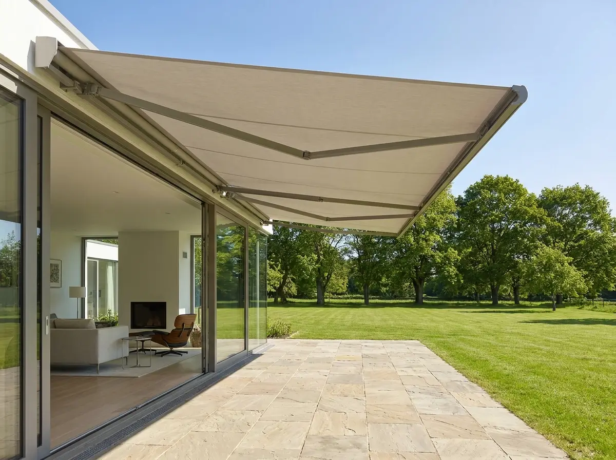 Folding-arm awning extended over a stone terrace outside a large glass-walled living room, Hyde Park