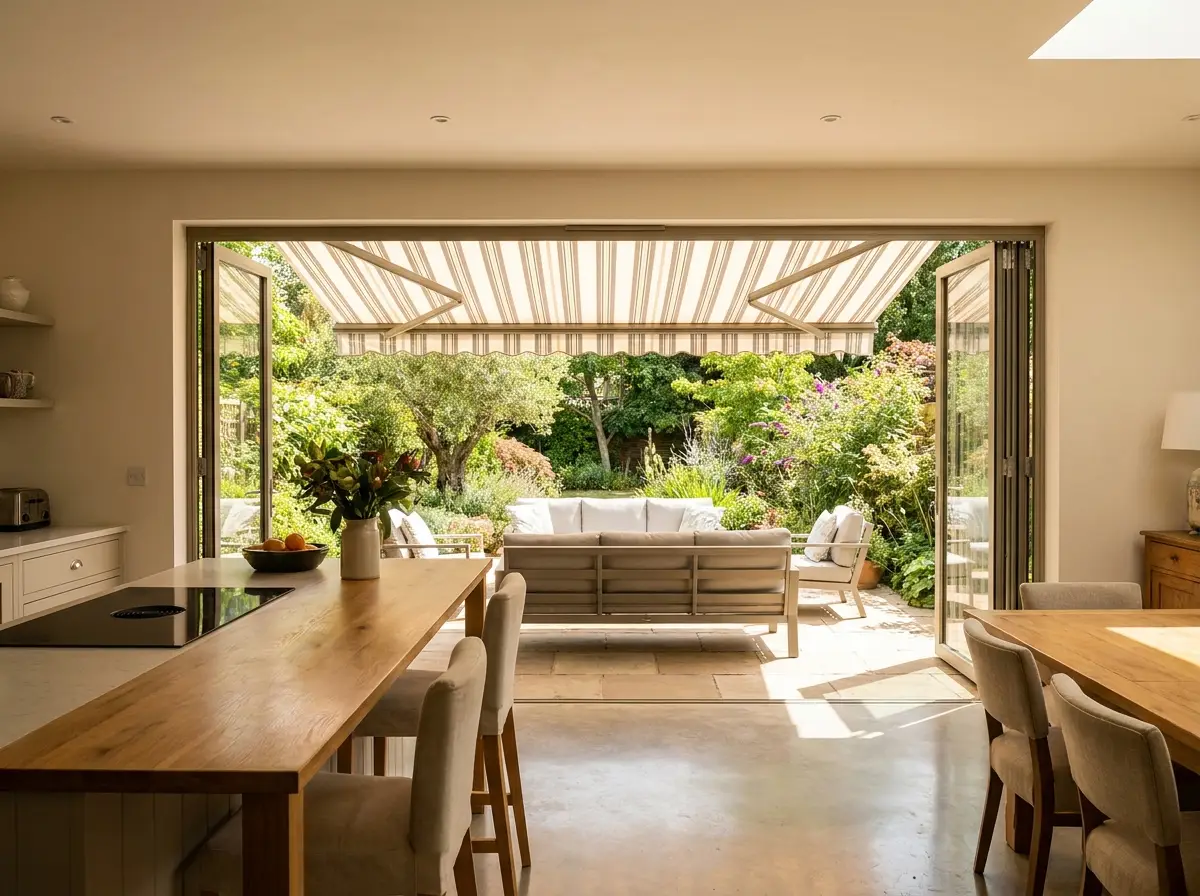 View from an open-plan kitchen and dining area onto a patio with a folding-arm awning extended over outdoor seating, Parkview