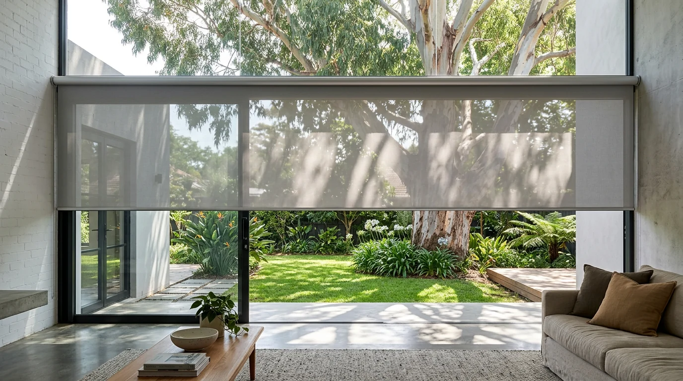 A flat sunscreen roller blind half lowered across the glass wall of a family-room extension, with a century-old gum tree throwing moving dappled shade onto the fabric and the floor